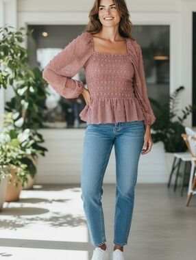 London Rose - Mauve Smocked Peplum Blouse